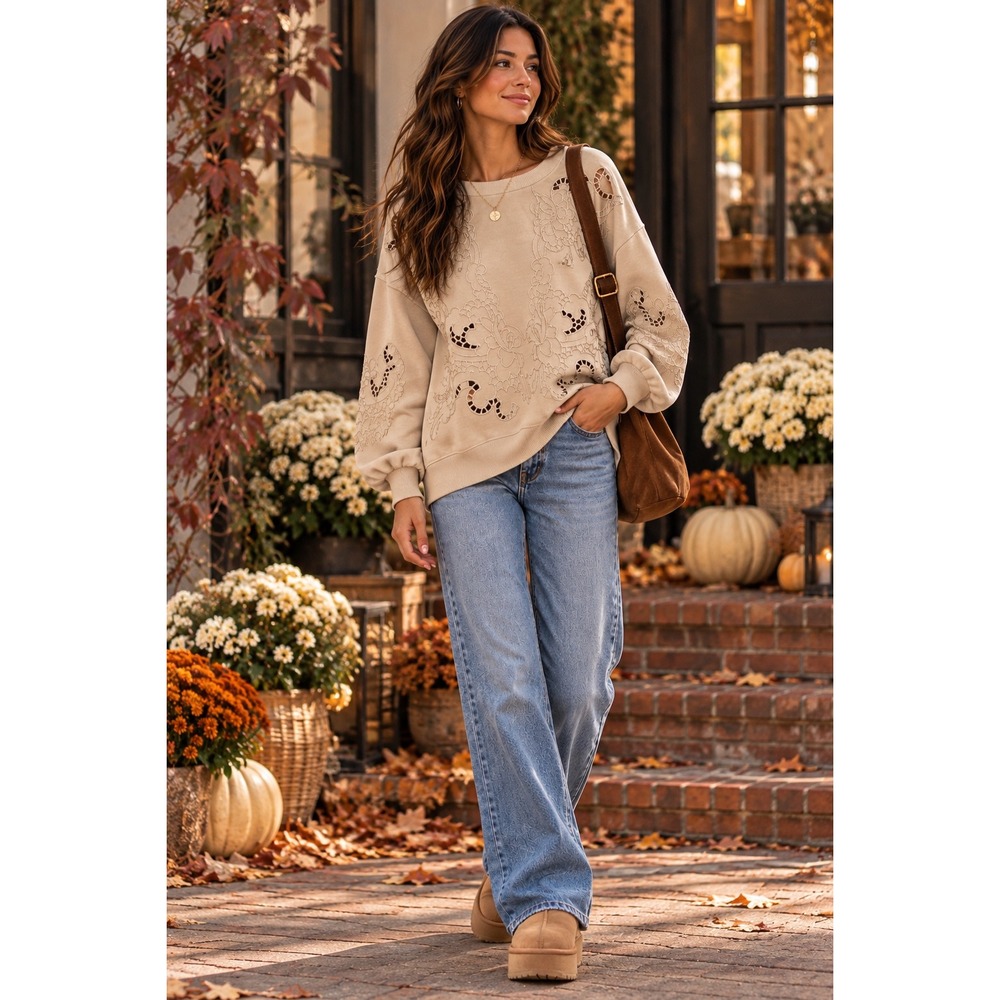 POL Clothing Tan Beige Eyelet Embroidered Sweatshirt Womens Medium Boho